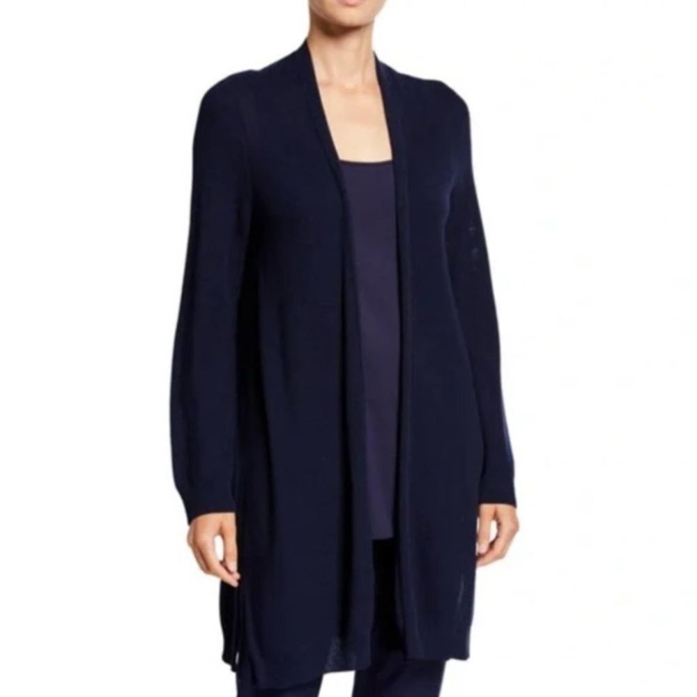 Eileen Fisher Long Open Front Cardigan Midnight Blue Simple Cardi Knit Sweater